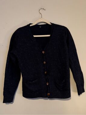 GUC J. Crew Heathered Navy Button-Up V-Neck Wool Cardigan